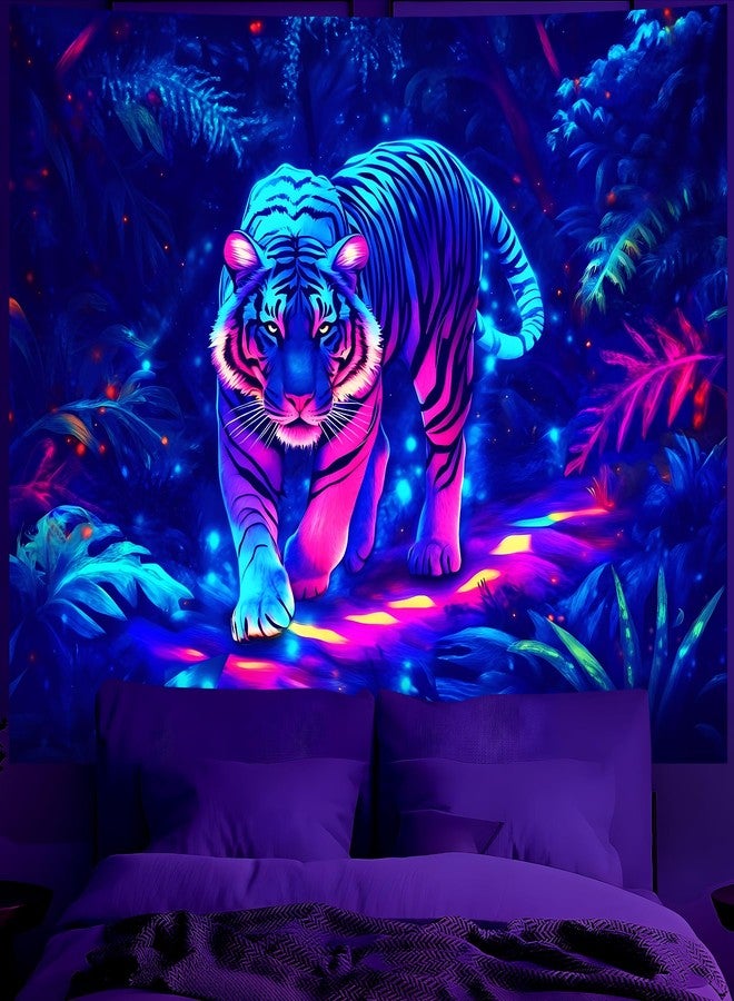 BVBOX Blacklight Animal Tiger Tapestry 59"x51", Iridescent Jungle Tiger Tapestry Glow In The Dark, UV Reactive Black Light Upright Posters Wall Hanging for Bedroom Dorm Living Room Backdrop Decor - Image 1